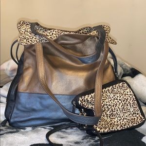 Gold, silver and black genuine leather bag